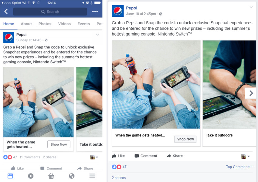 Picture of the Pepsi logo on Facebook in Mobile and Desktop posts