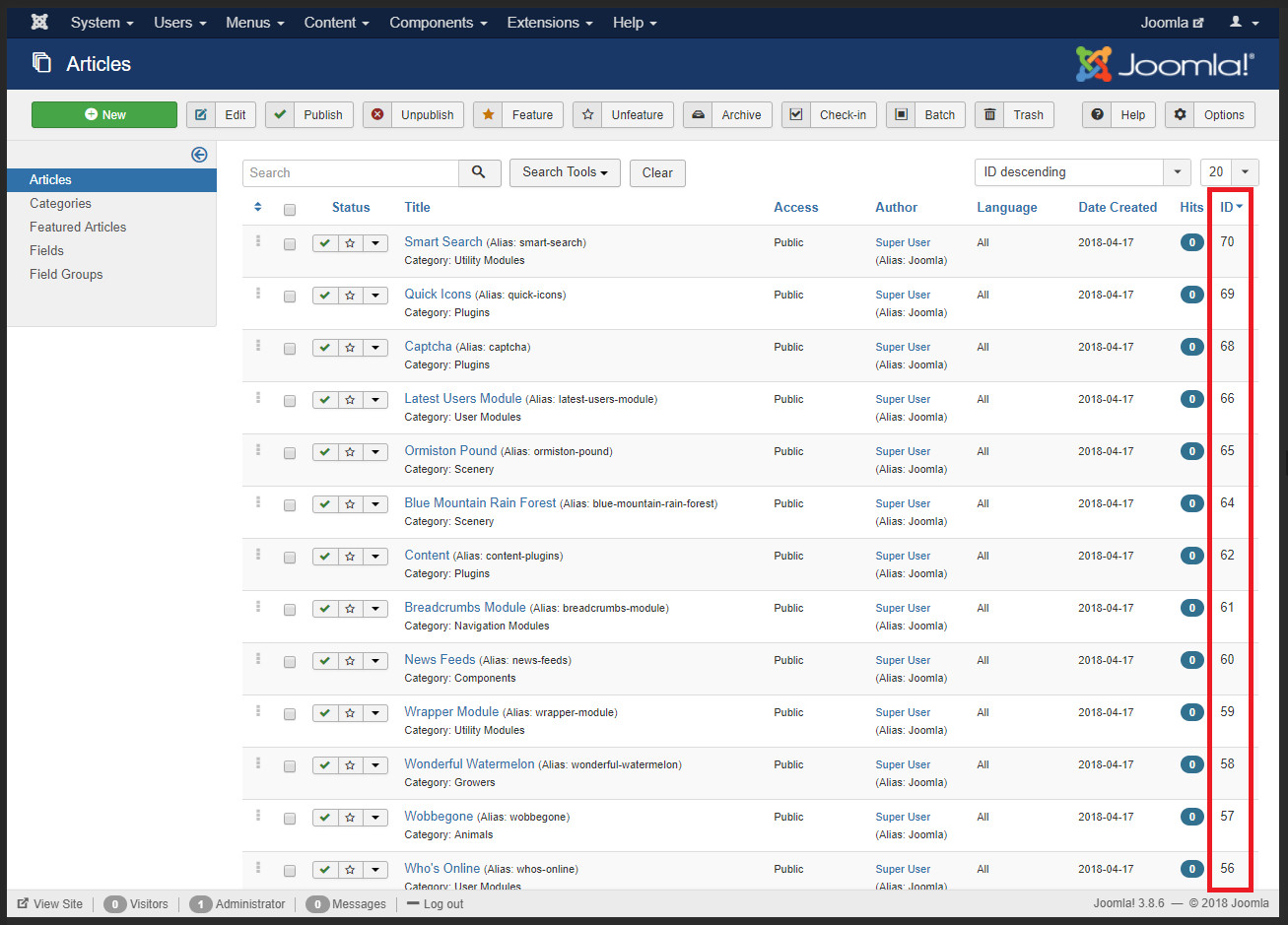 Image of Joomla backend showing article id numbers highlighted